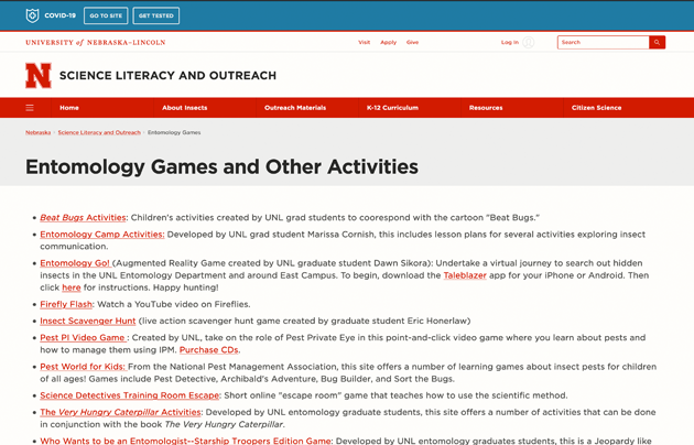University of Nebraska Entomology games and Other Activities homepage
