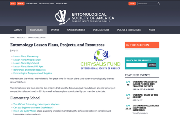Entomological Society of America homepage with simplified illustration of a butterfly next to title on the banner.
