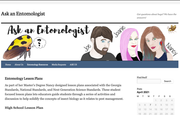 Ask an Entomologist homepage with illustration of a bug, title of website and the three entomologist for the website.