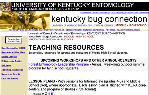 University of Kentucky Entomology bug collection website homepage with a closeup of a bug in upper left corner.