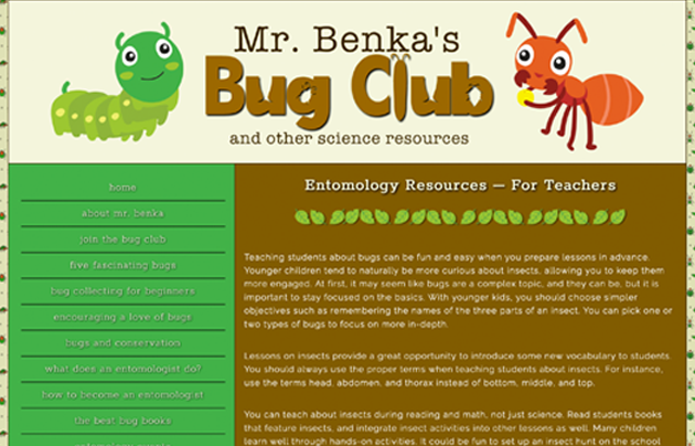 Mr. Benka’s Bug club website's homepage with illustration of bugs in the banner.
