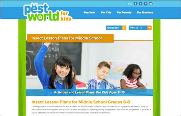 Pest World homepage with kids in a classroom setting.