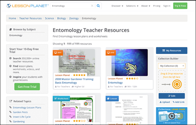 Lesson Planet homepage, images of the various teacher resource materials.