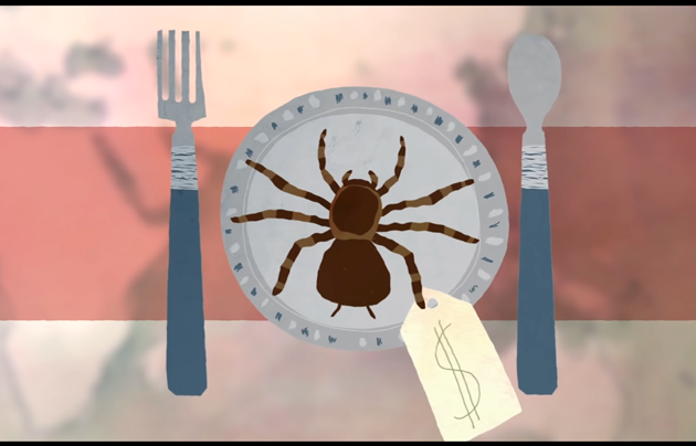 Illustration of a spider with price tag on a plate with a fork and spoon.