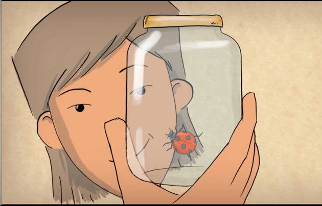 Illustration of a human holding and looking at a jar containing a ladybug.