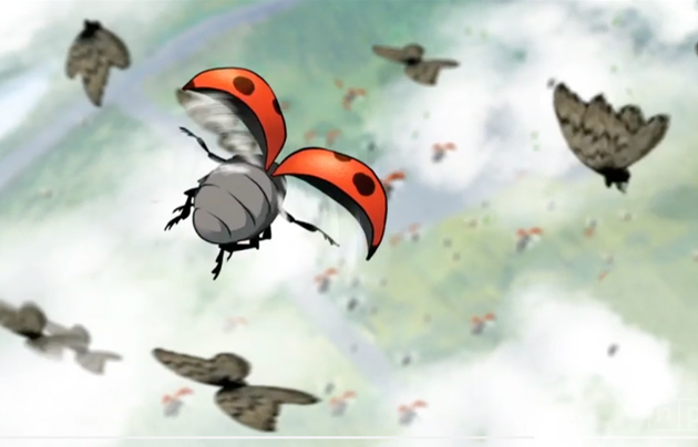 Various insects flying high in the sky.
